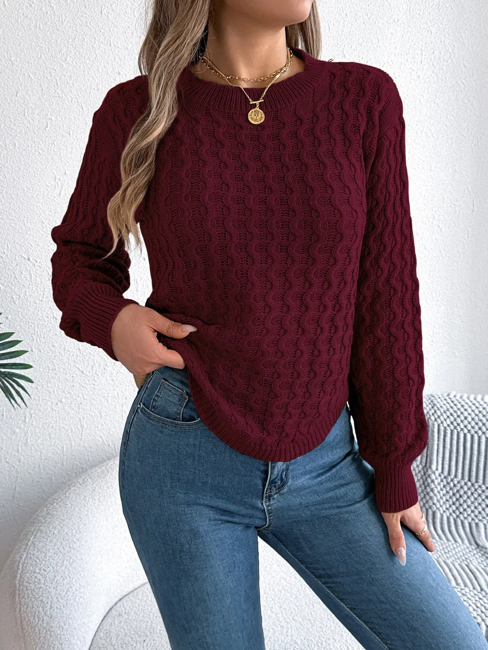 Asymmetric Hem Round Neck Long Sleeve Sweater, image 8