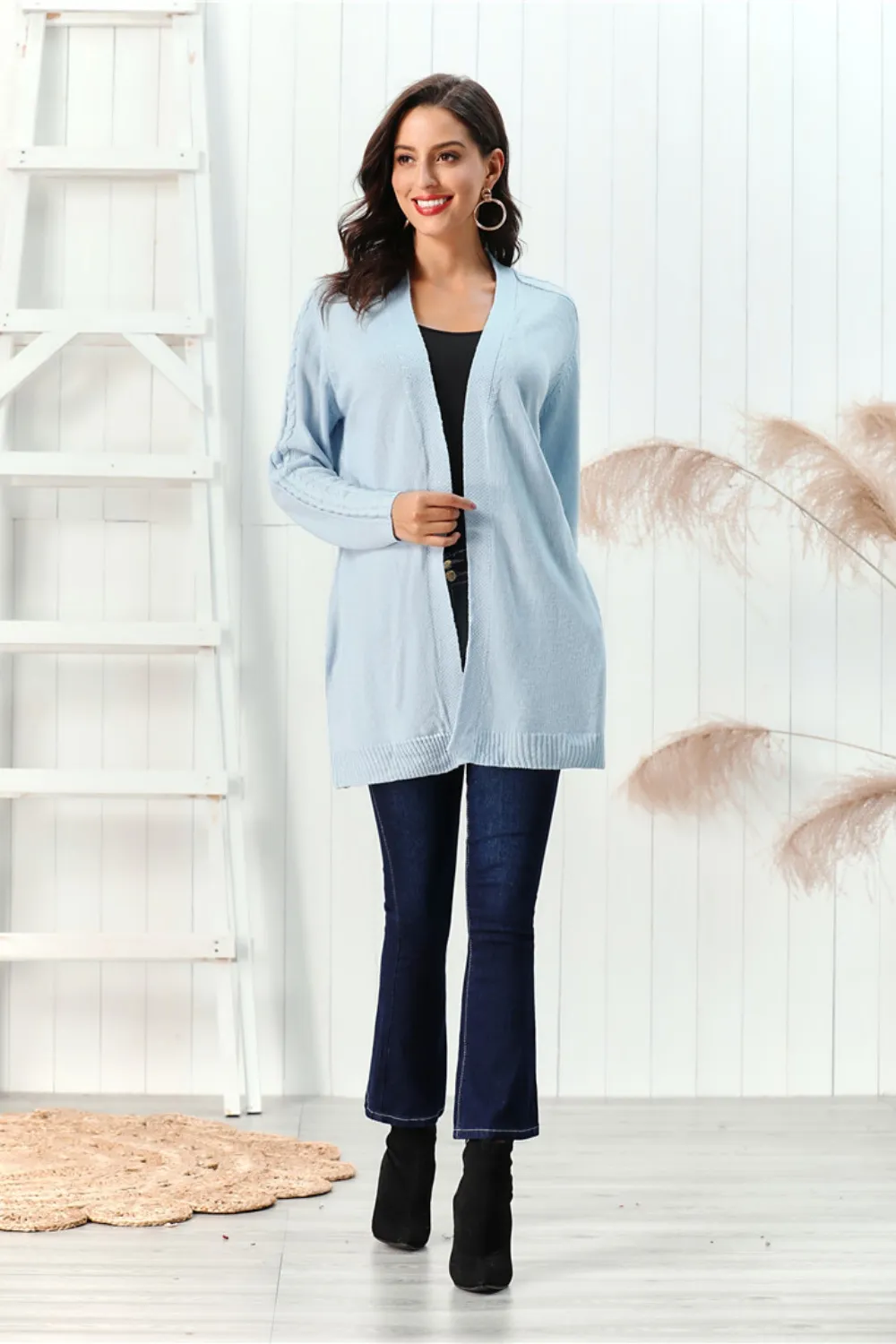 Cable-Knit Open Front Long Sleeve Cardigan, image 18