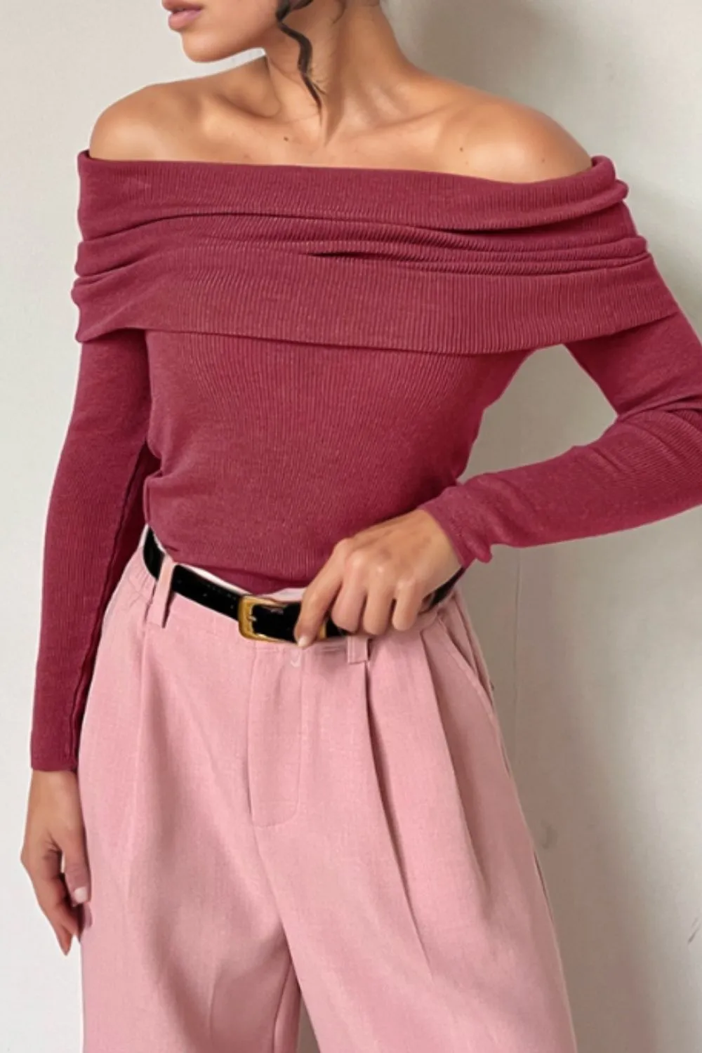 Off-Shoulder Long Sleeve Knit Top, image 2