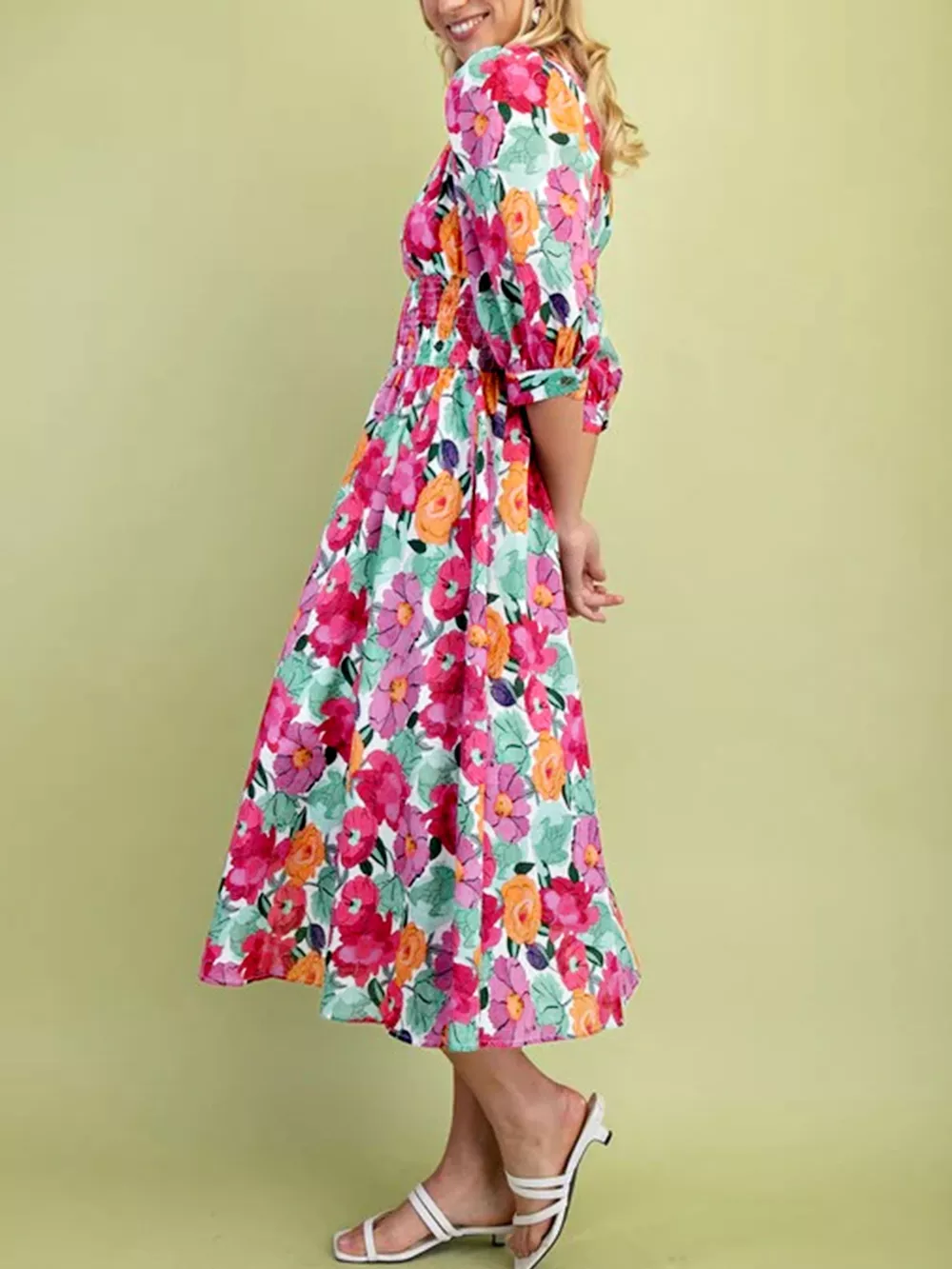 Vibrant Floral Print V Neck Zip Up Puffy Half Sleeve Dress, image 3