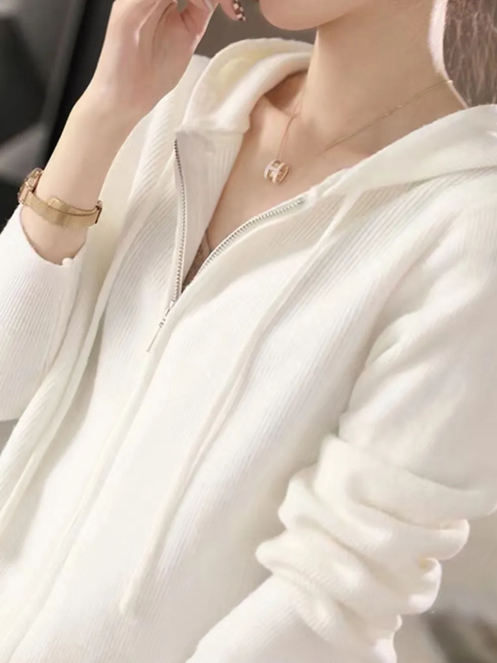 Drawstring Zip Up Long Sleeve Hooded Sweater, image 17