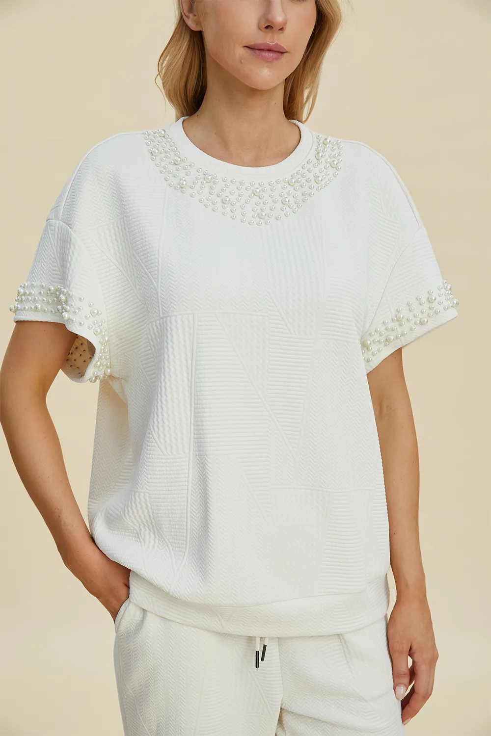 Full Size Pearl Detail Round Neck Top and Pants Set, image 15