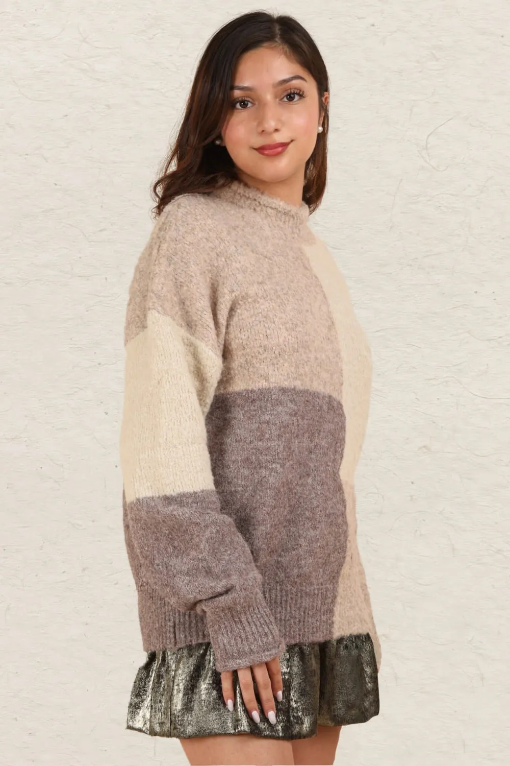 Color Block Mock Neck Drop Shoulder Sweater, image 3