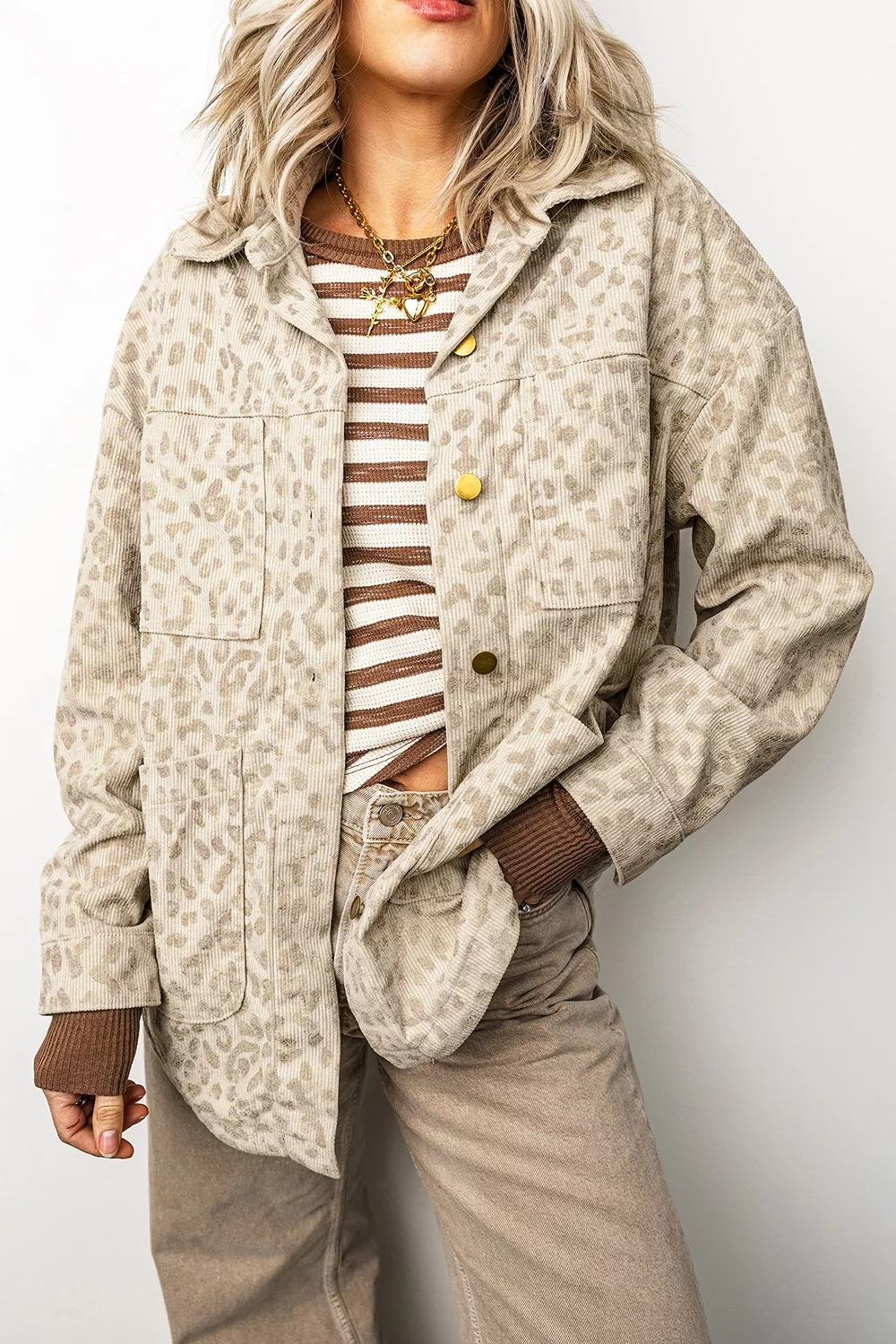 Leopard Print Corduroy Shirt Collar Long Sleeve Regular Fit Jacket, image 2