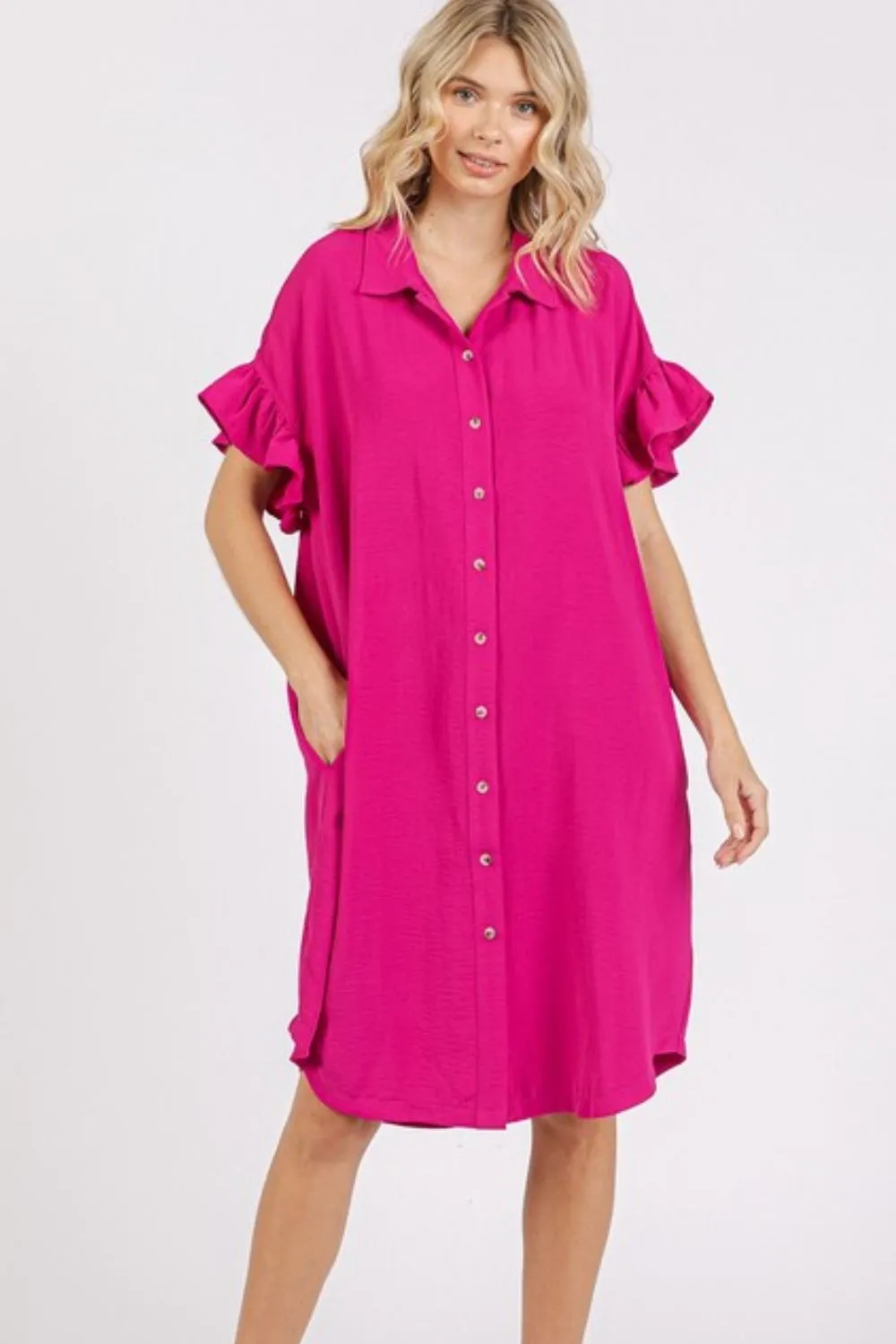 Button Down Flounce Sleeve Dress with Pockets, image 3