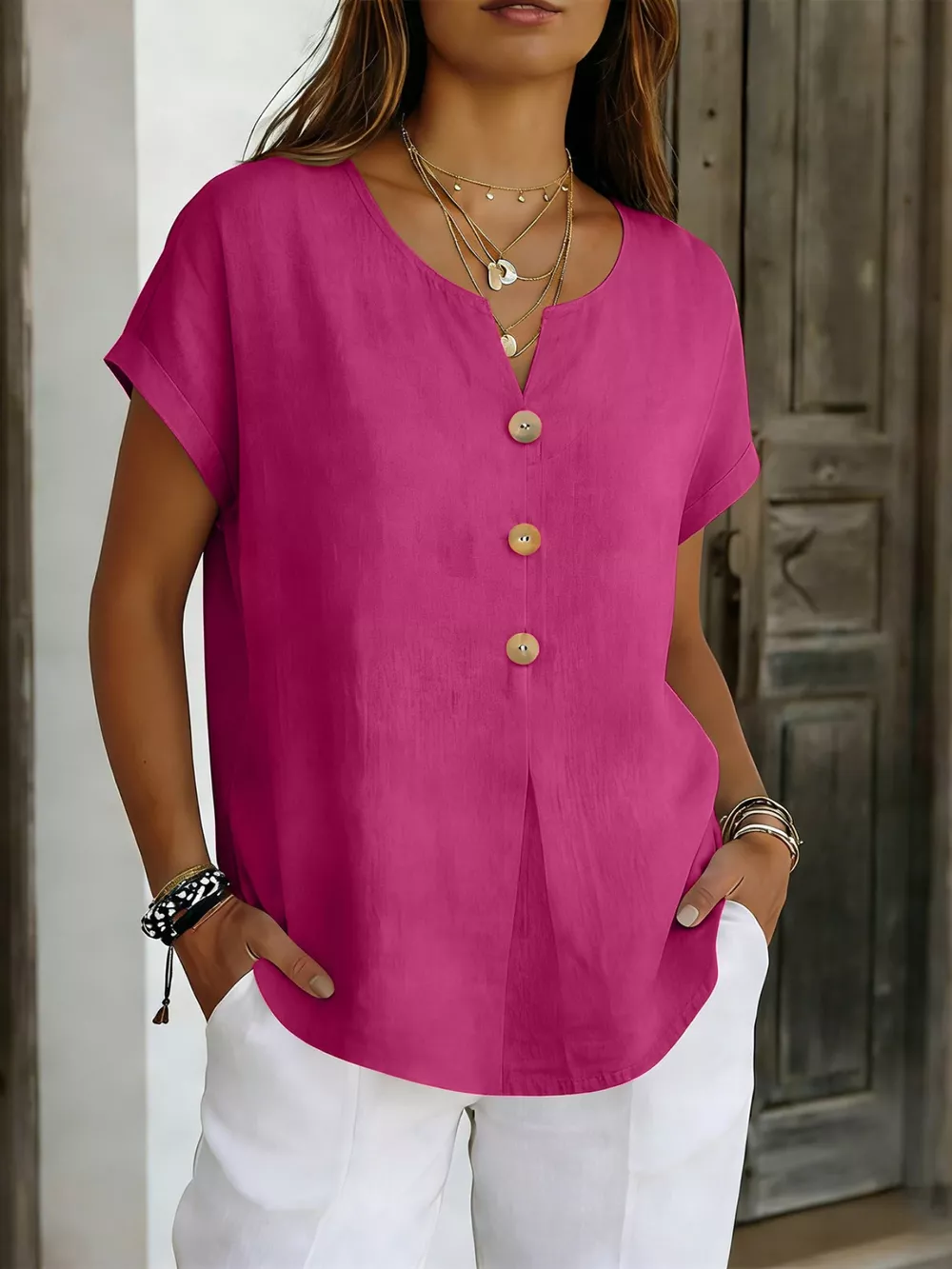 Decor Button Short Sleeve Blouse, image 2