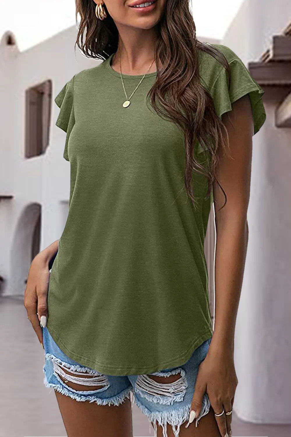 Ruffled Round Neck Cap Sleeve Blouse, image 36