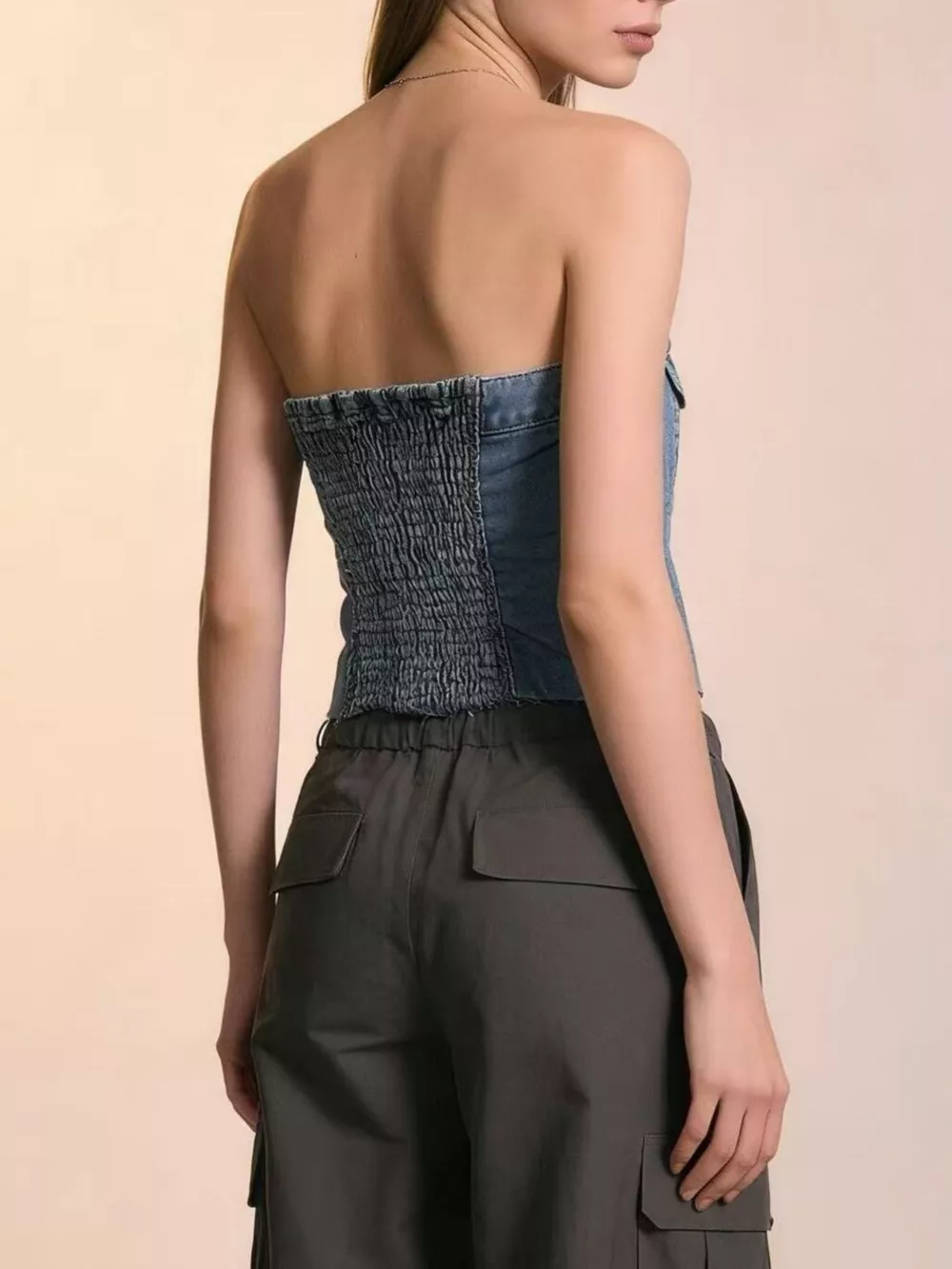 Button-Front Strapless Denim Top, image 4