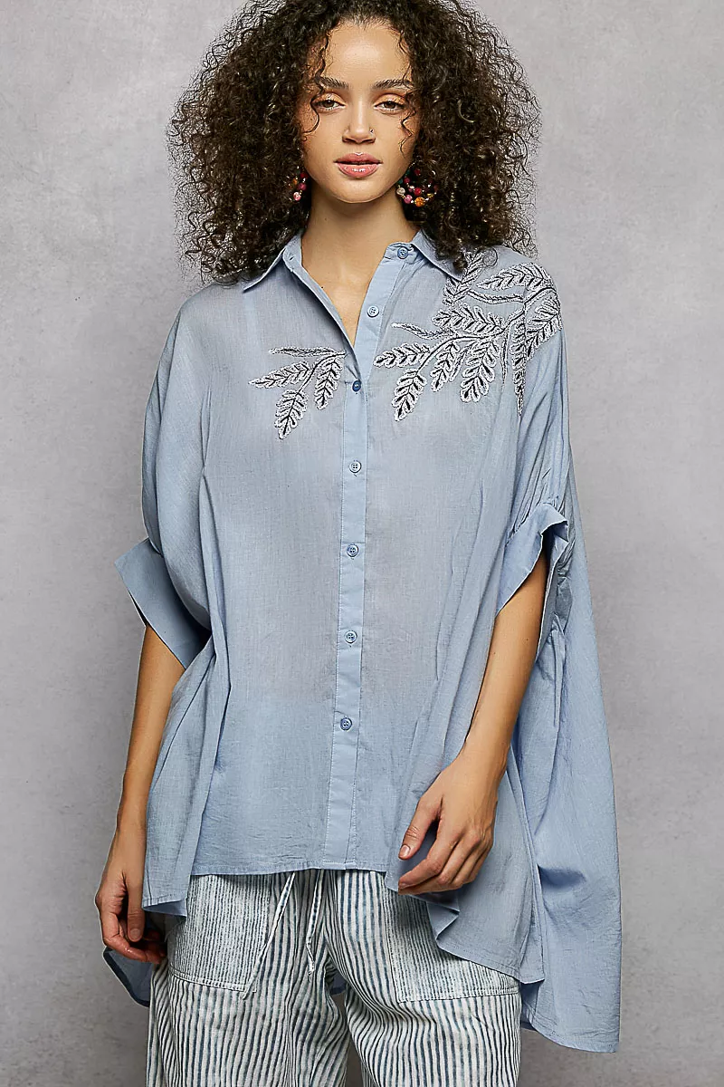 Button Down Embroidered Floral High-Low Hem Shirt
