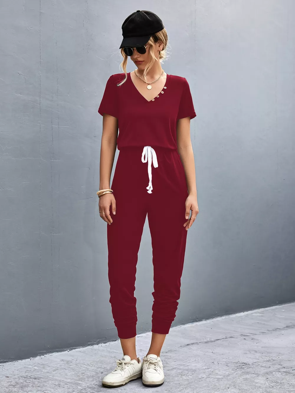 Casual V-Neck Short Sleeve Drawstring Waist Jumpsuit, image 6