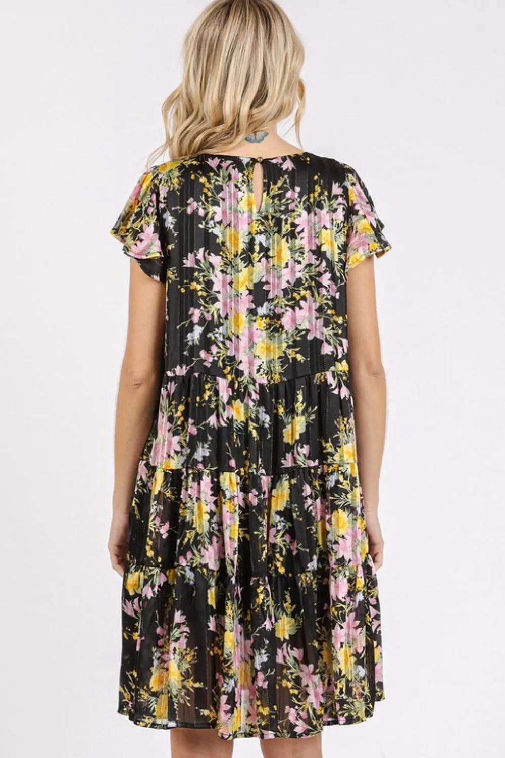 Flower Print Round Neck Flutter Sleeve Tiered Dress, image 4