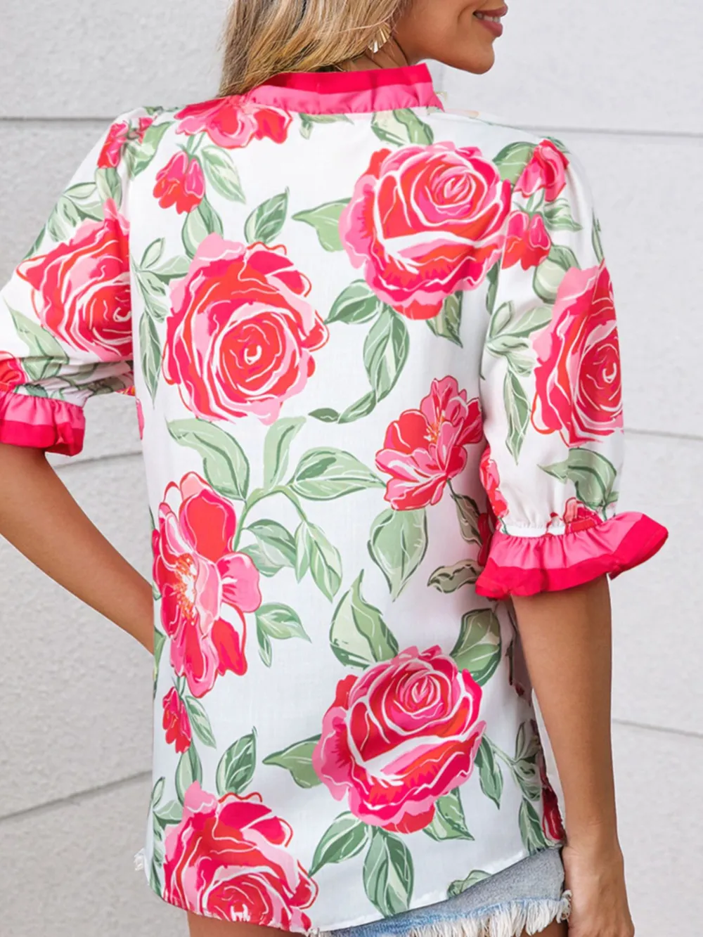 Floral Frilled V Neck Short Sleeve Blouse, image 4