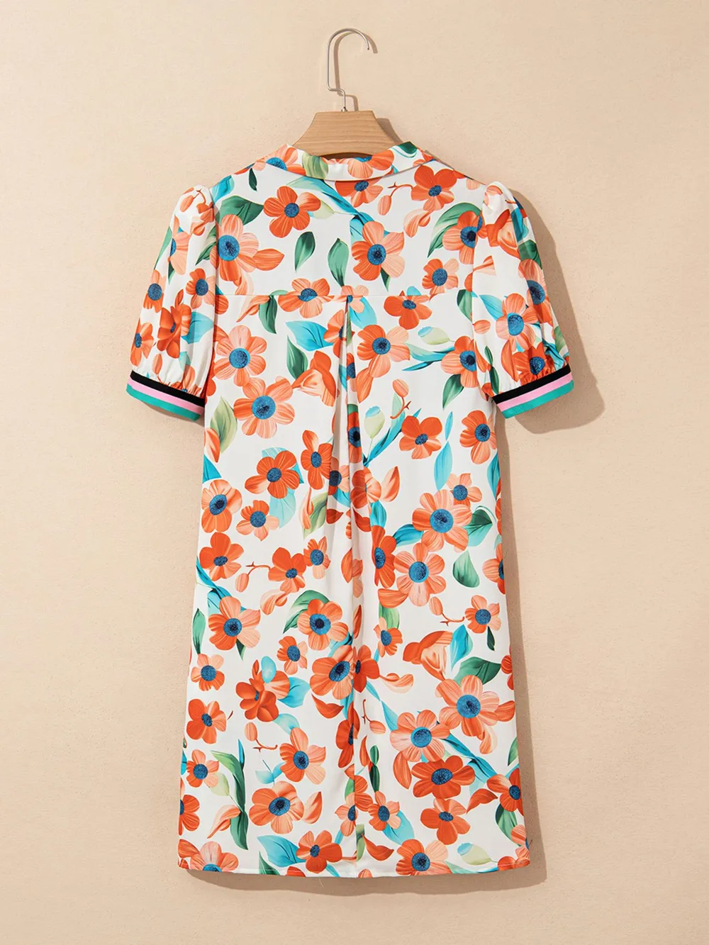 Contrast Trim Floral Split Neck Puff Short Sleeve Tiered Mini Dress, image 8