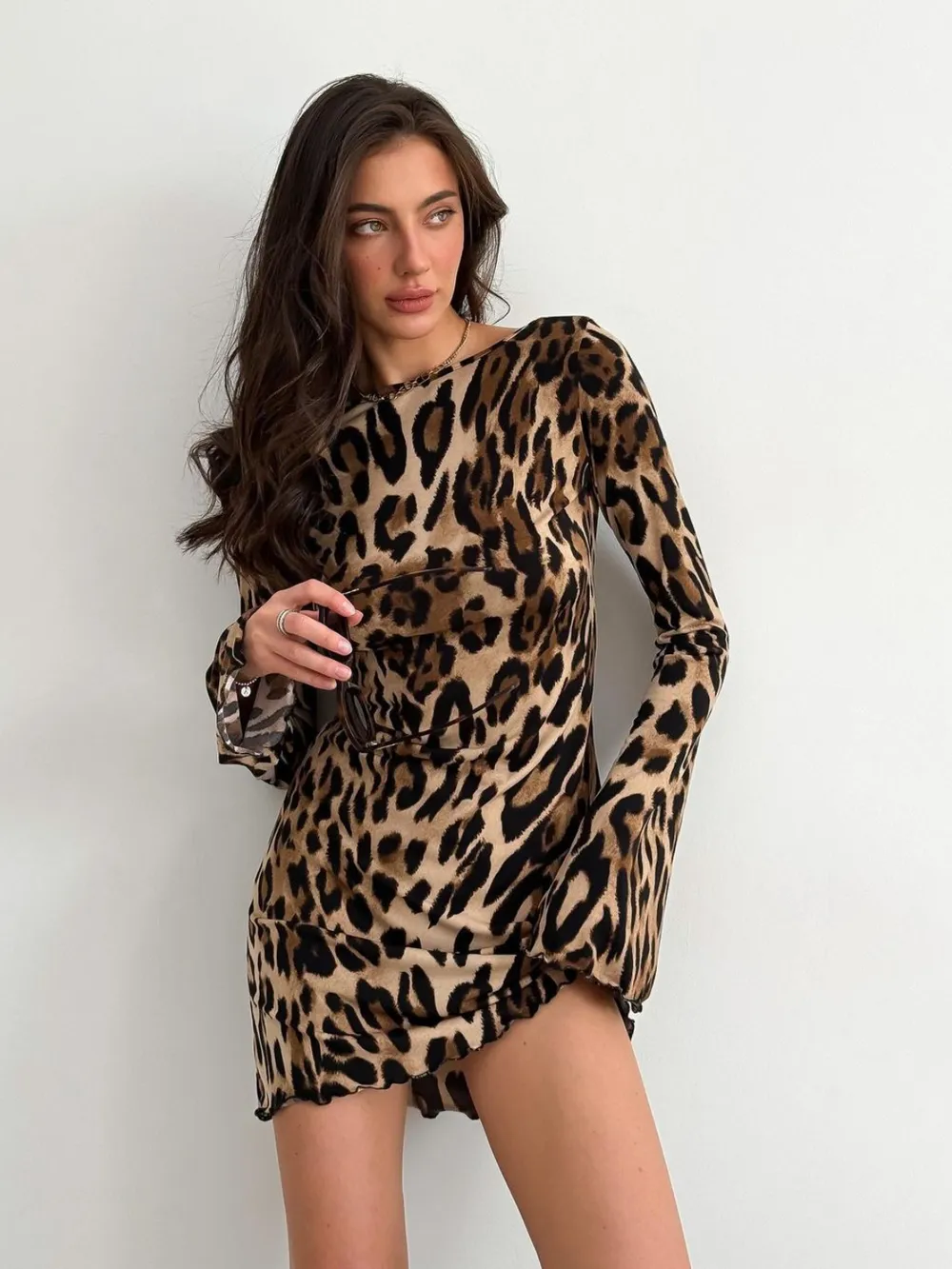 Leopard Backless Long Sleeve Mini Dress, image 5
