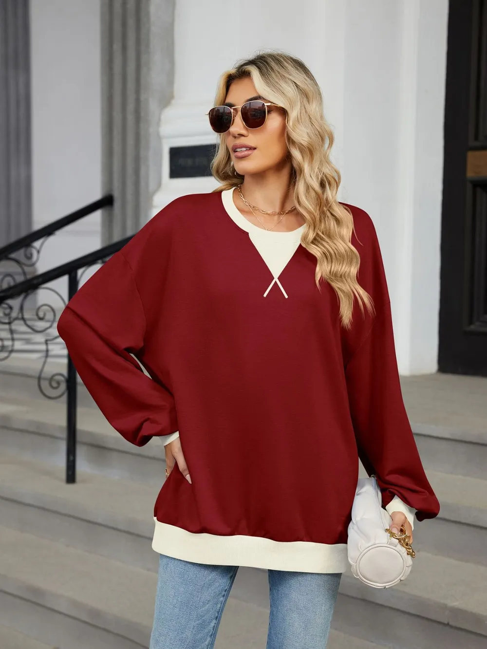 Contrast Round Neck Long Sleeve Sweatshirt, image 23