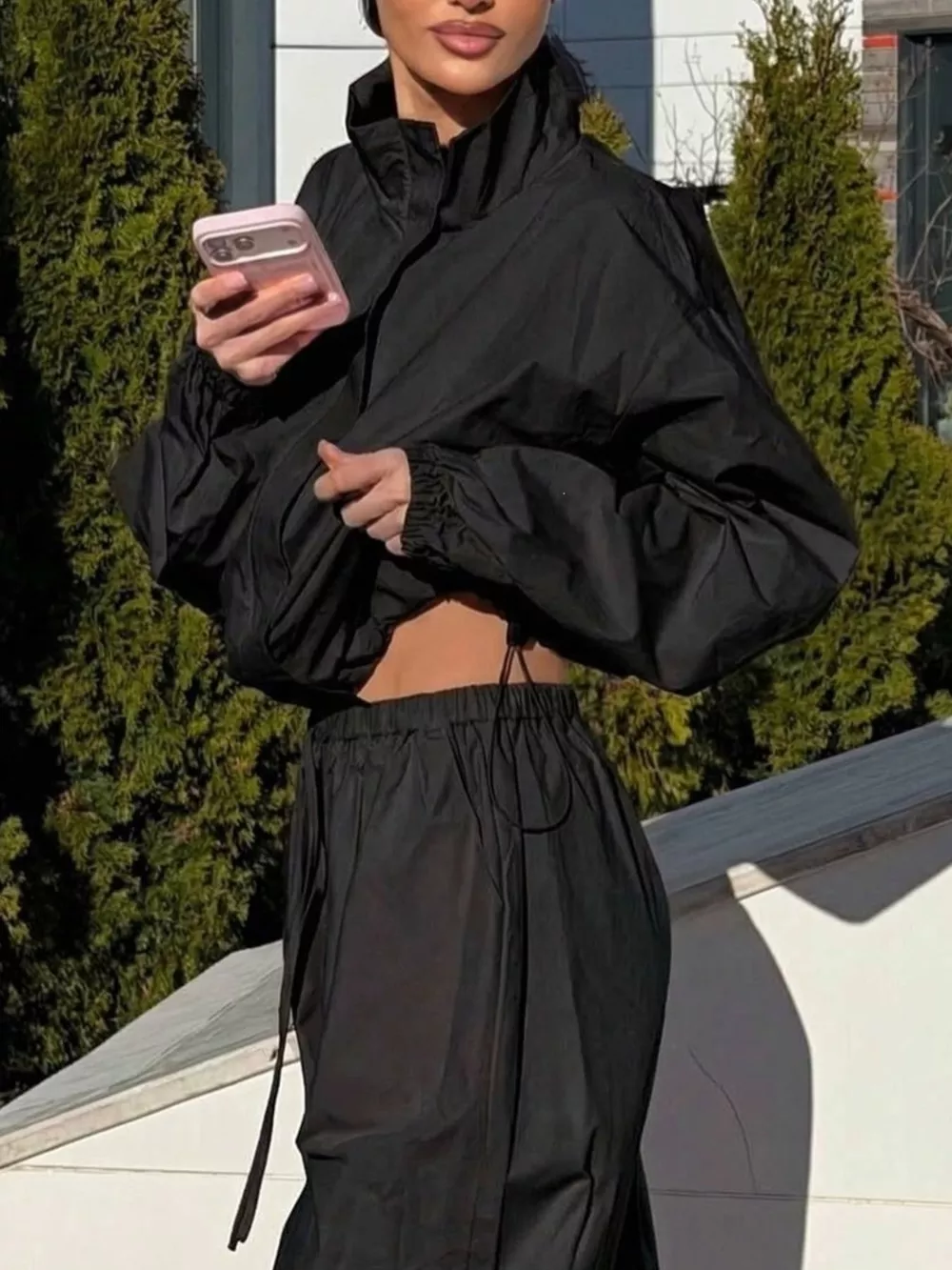 Drawstring Hem Crop Jacket and Wide-Leg Pant Set, image 2
