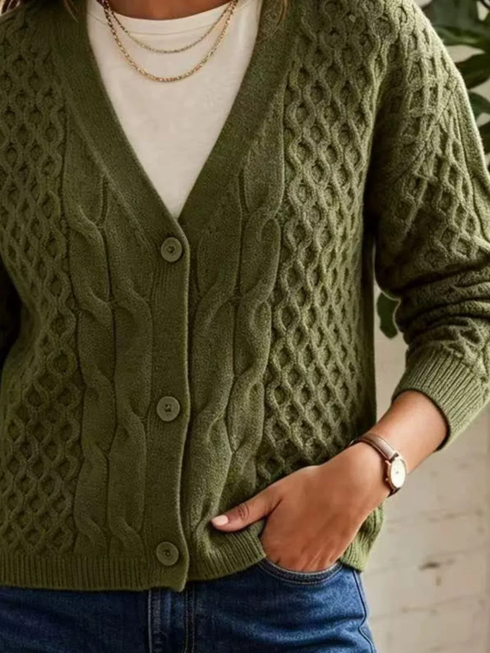 Cable-Knit V-Neck Button-Down Cardigan, image 9