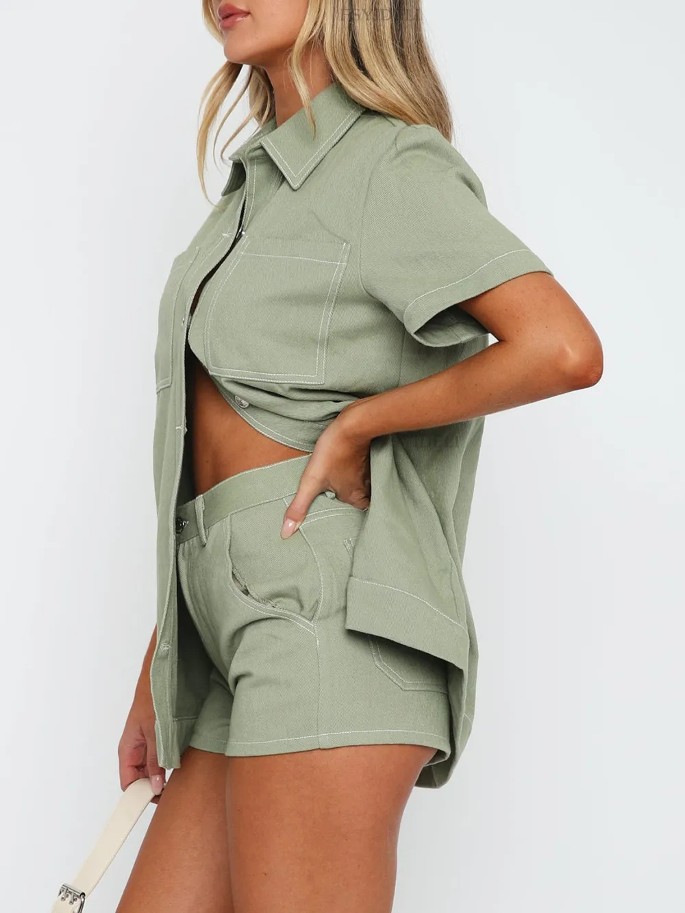 Button Up Short Sleeve Top and Shorts Denim Set, image 6