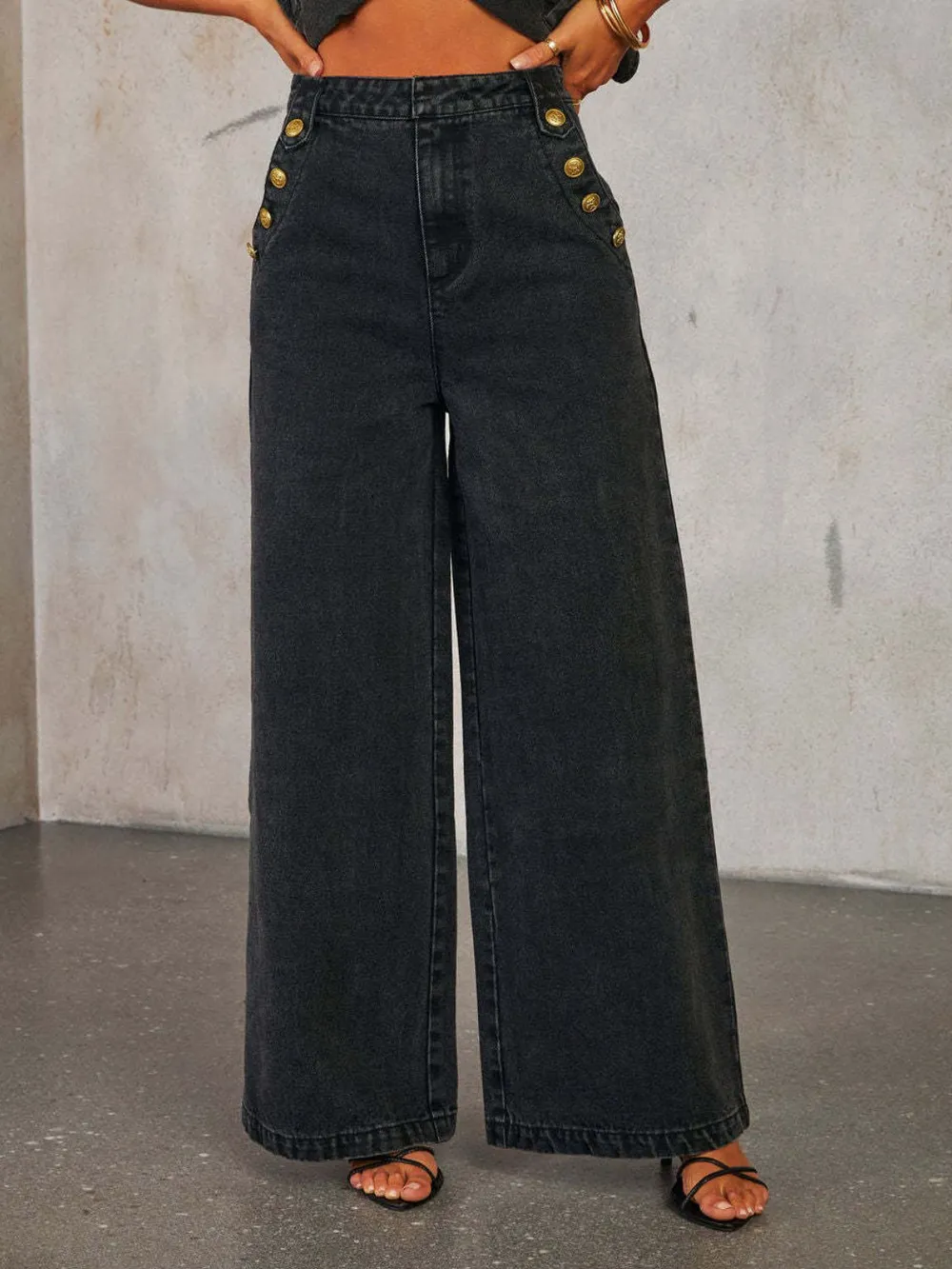 Button Decor High Rise Wide Leg Jeans, image 9