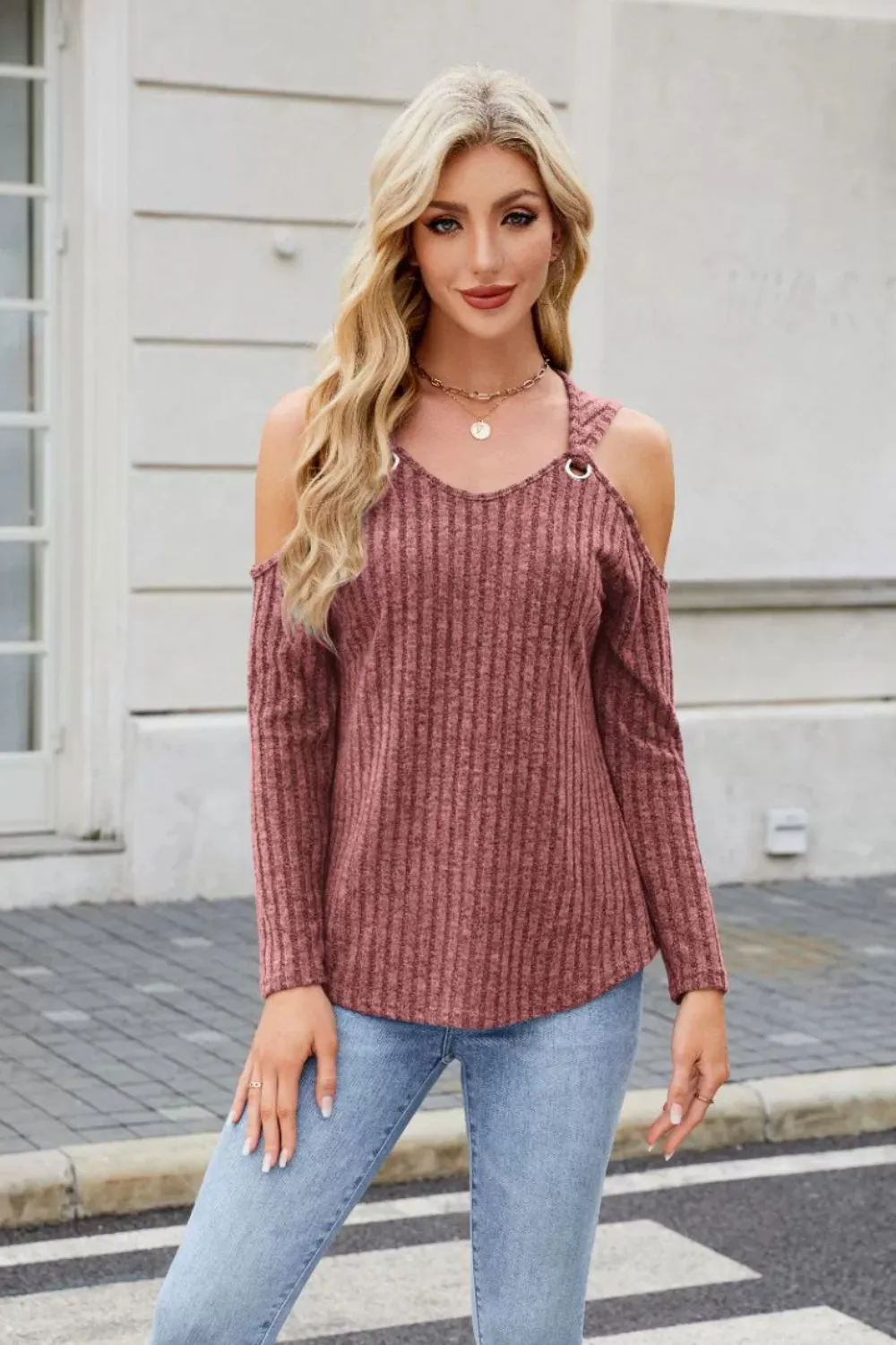 Ribbed Cold Shoulder Long Sleeve Top, image 20