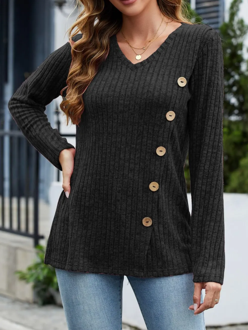 V-Neck Long Sleeve T-Shirt, image 12