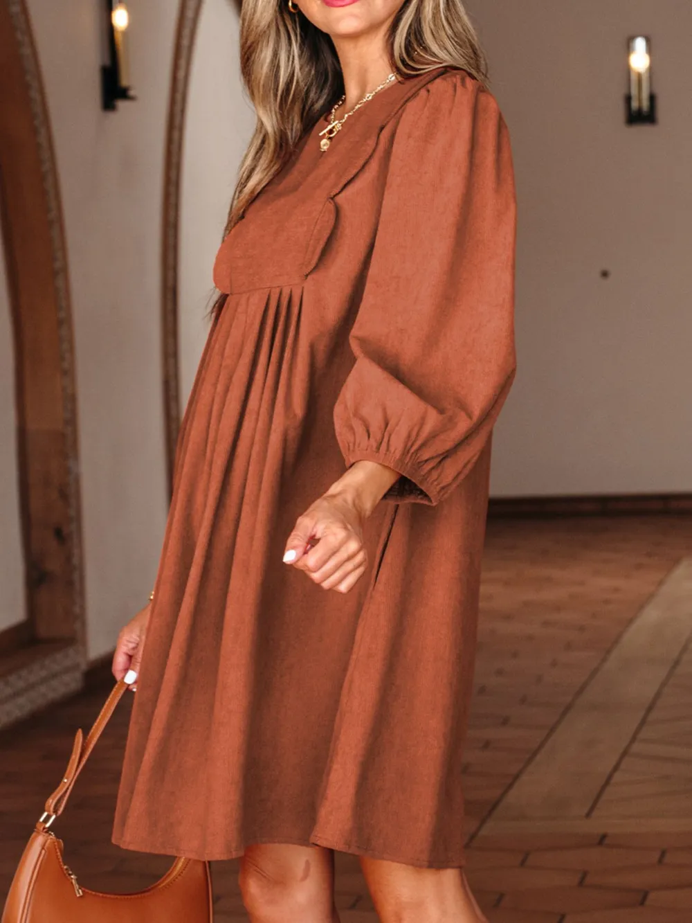 Split Neck Scallop Detail Corduroy Mini Dress, image 4