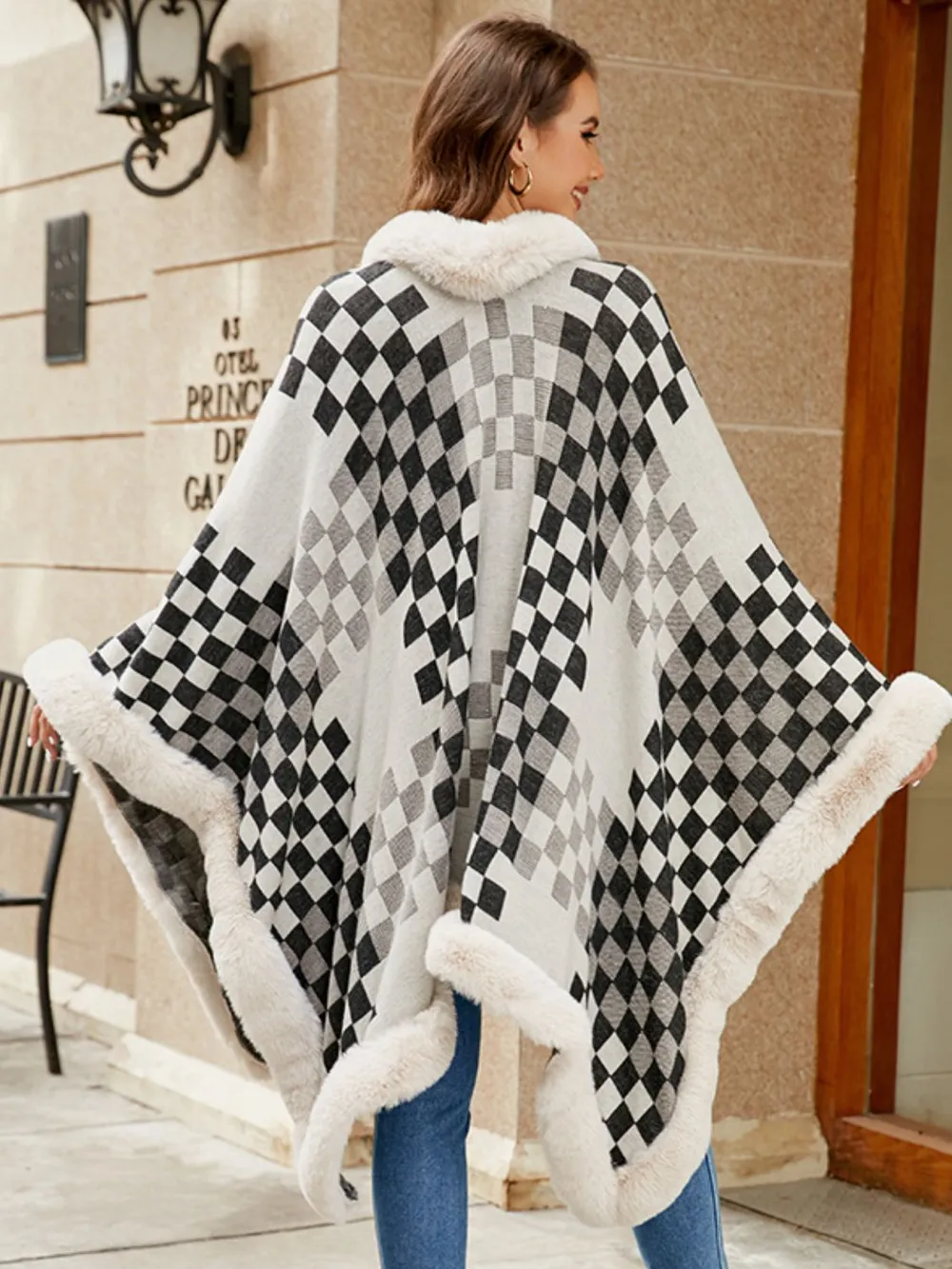 Fuzzy Checkered Long Sleeve Poncho, image 4