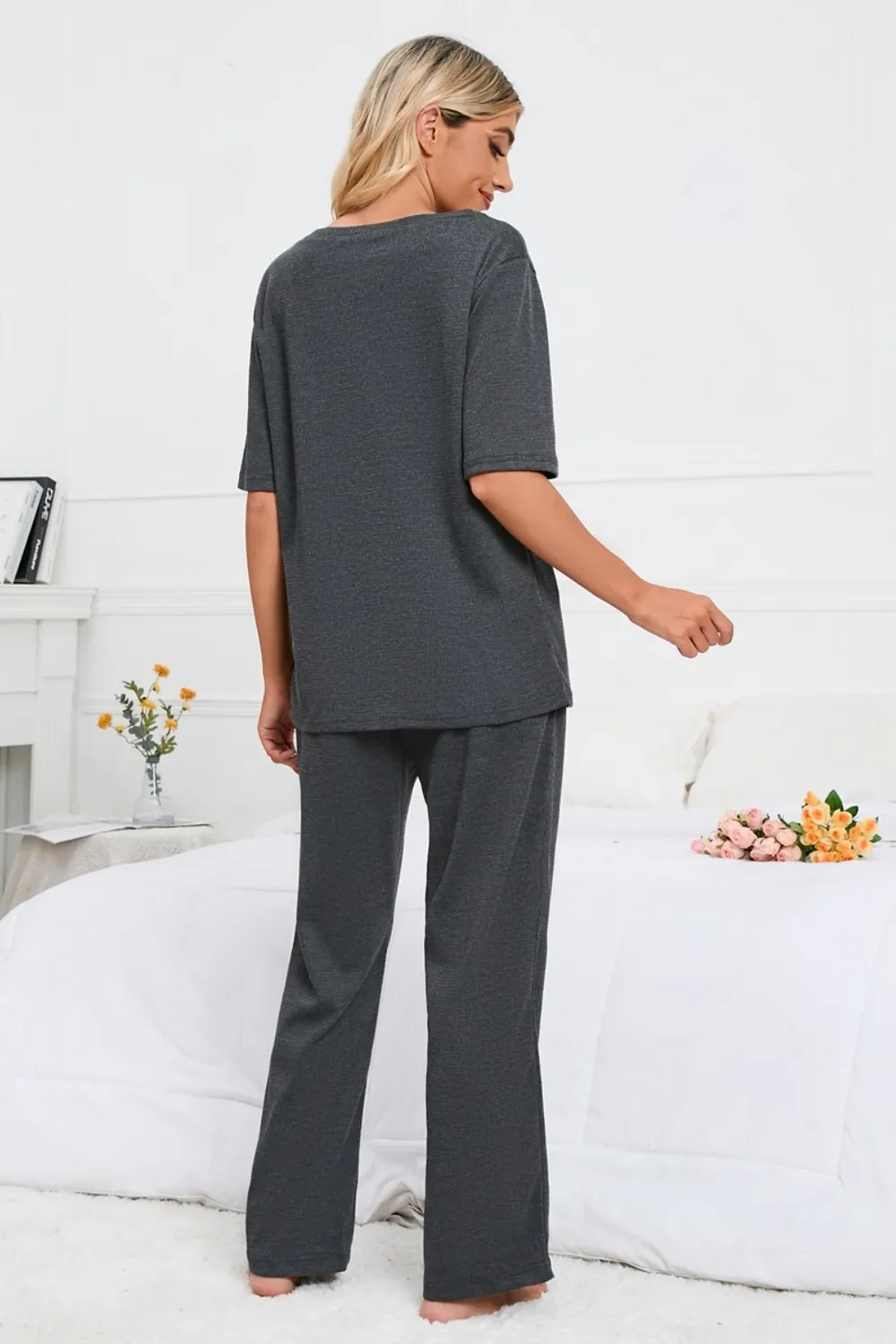 Slit Round Neck Top and Pants Lounge Set, image 2