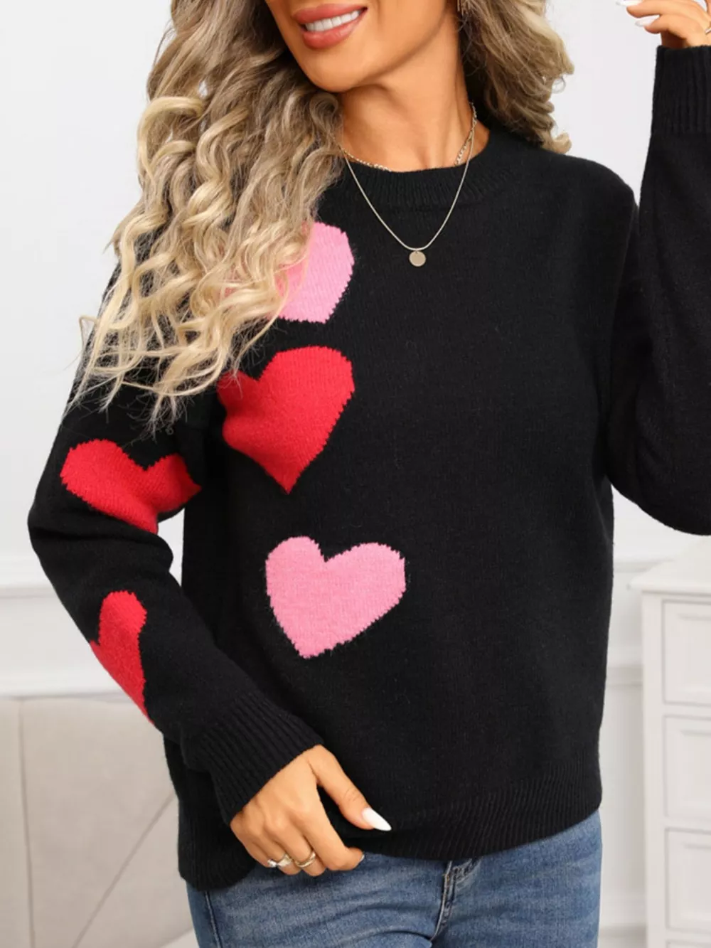 Valentine's Day Heart Pattern Round Neck Sweater, image 11