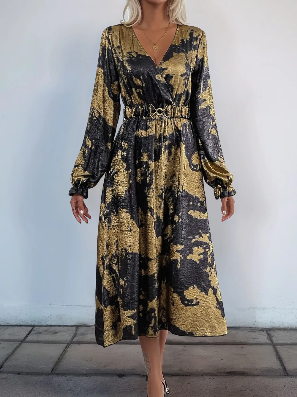 Printed Surplice Long Sleeve Midi Dress, image 6