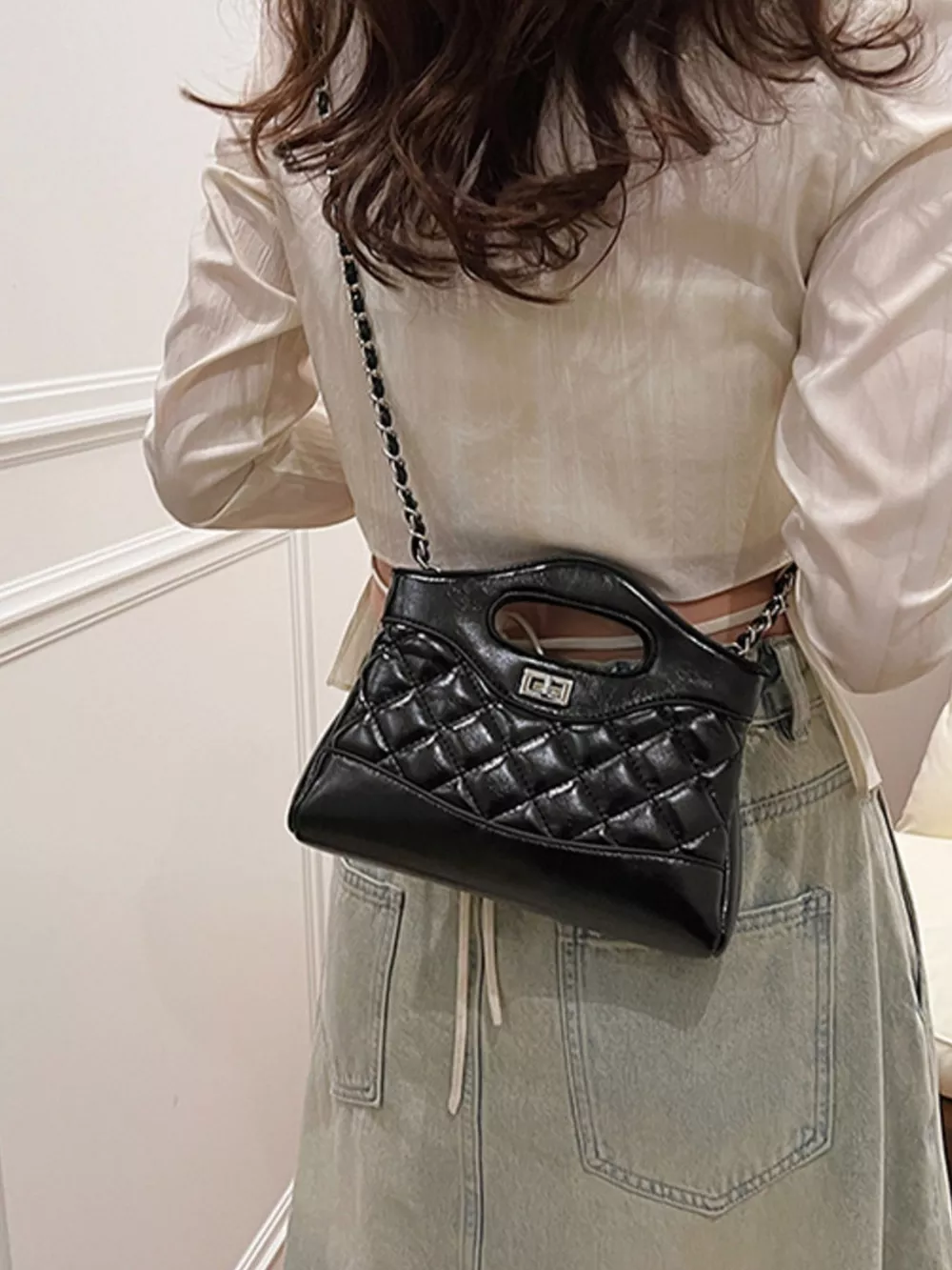Quilted Pattern Top Handle Crossbody Bag, image 4