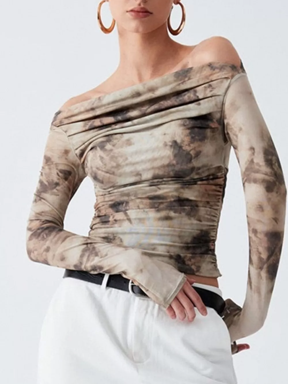 Tie-Dye Print Off-Shoulder Mesh Top, image 2