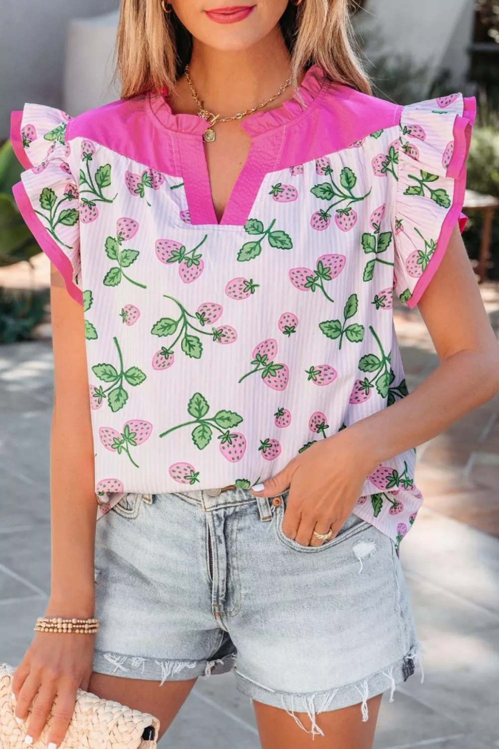 Striped Strawberry Printed Color Block Patchwork V Neck Flutter Sleeve Blouse, image 7