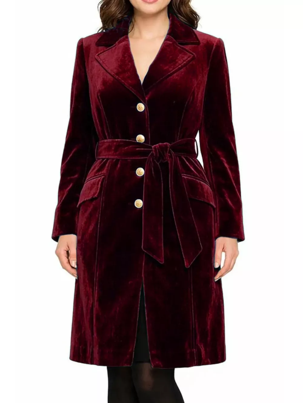 Single-Breasted Velvet Trench Coat with Gold Buttons, image 3