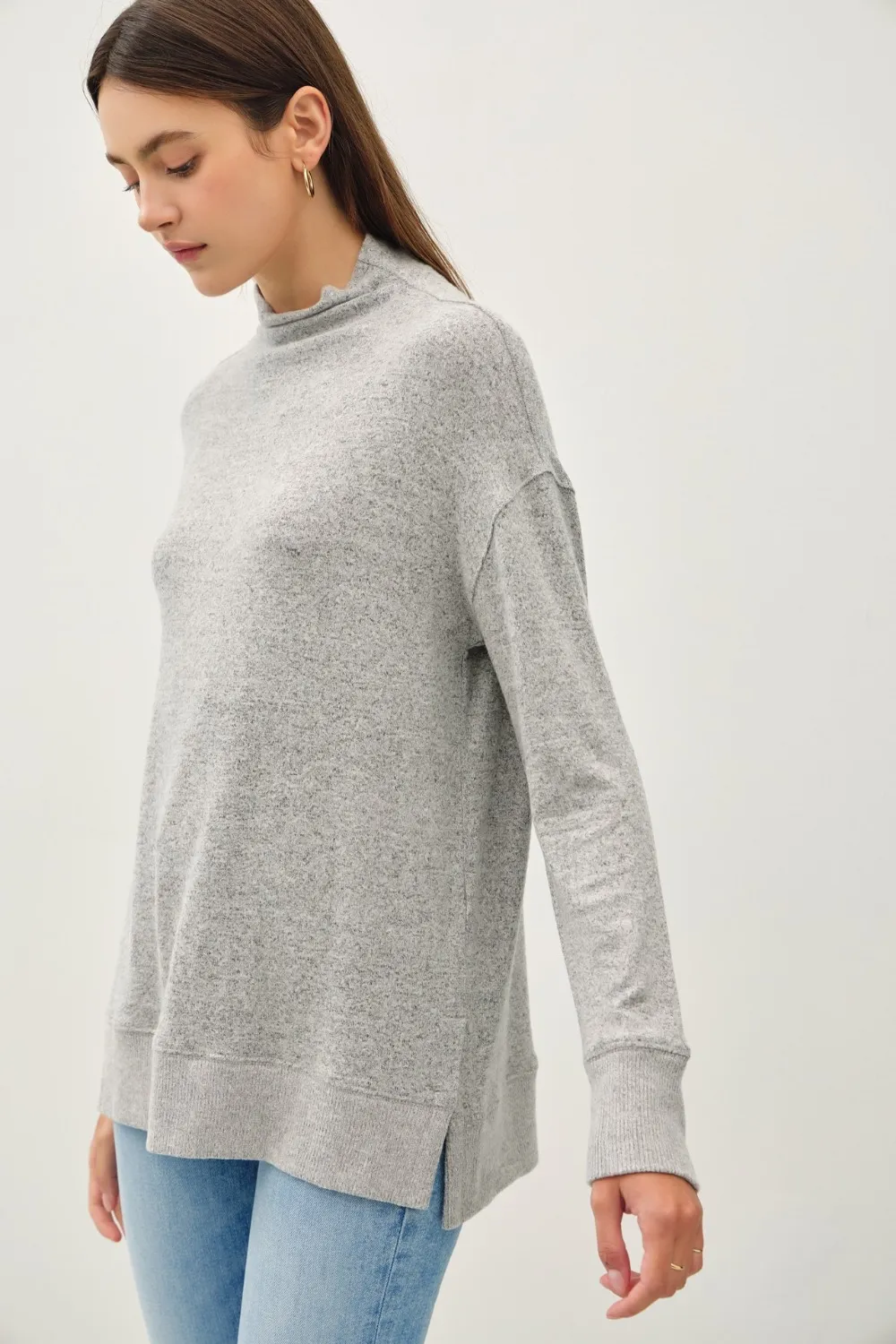 Side Slit Mock Neck Long Sleeve Tunic Top, image 2