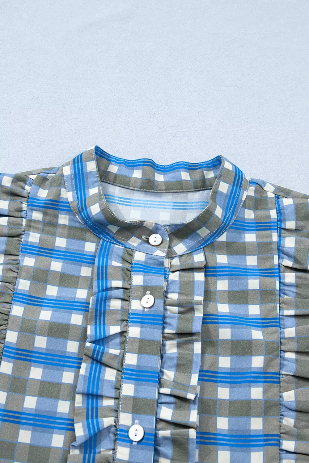 Plaid Long Sleeve Frilled Detail Half Button Blouse, image 9