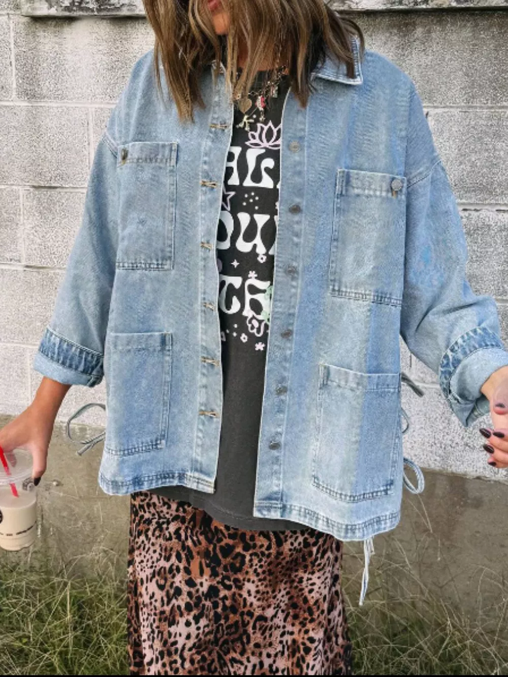 Patched Pockets Side Tie Denim Jacket, image 4