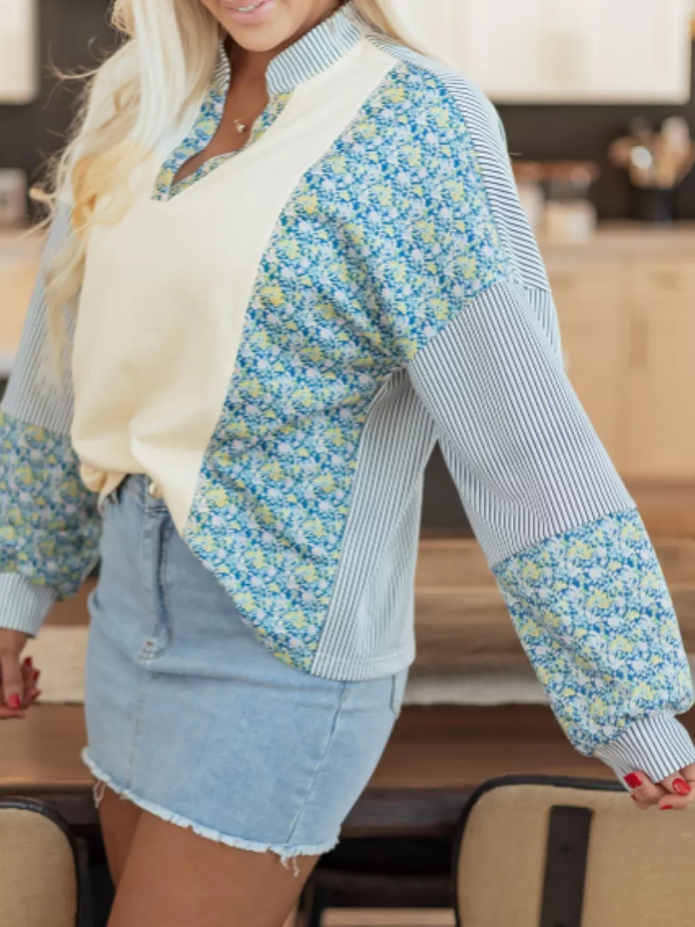 Floral Striped Drop Sleeve Collared Boxy Fit Sweatshirt, image 10