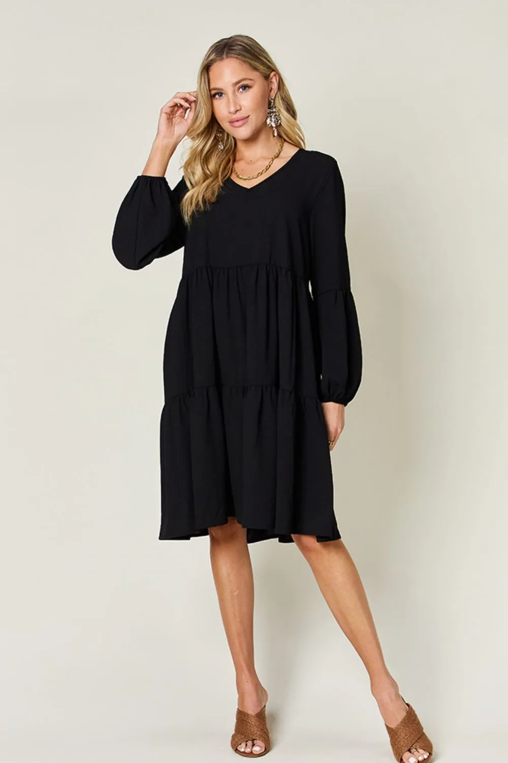 Full Size V-Neck Balloon Sleeve Tiered Dress with Pockets, image 29