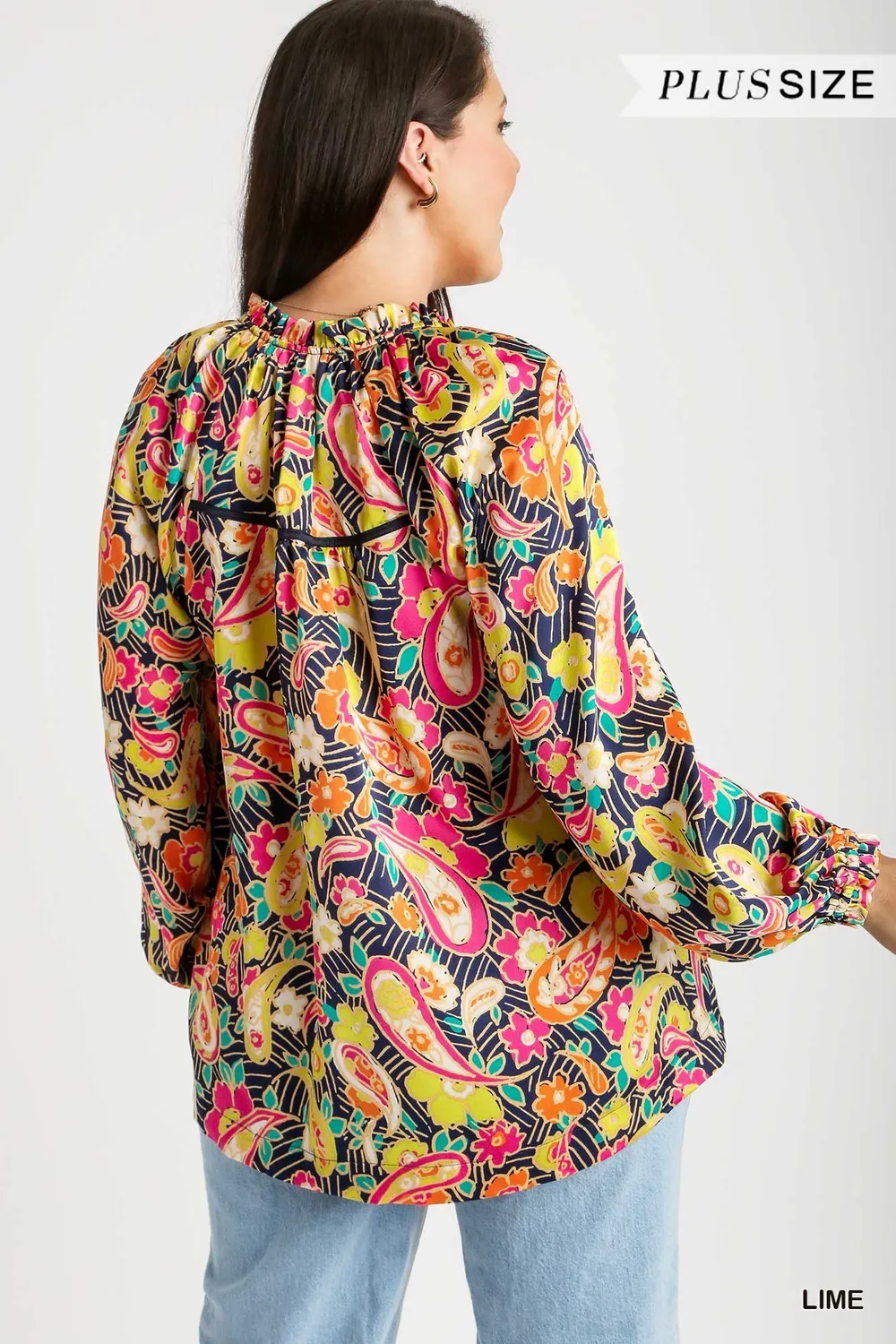 Full Size Satin Paisley Ruffle Neck Button-Up Shirt Plus Size, image 8