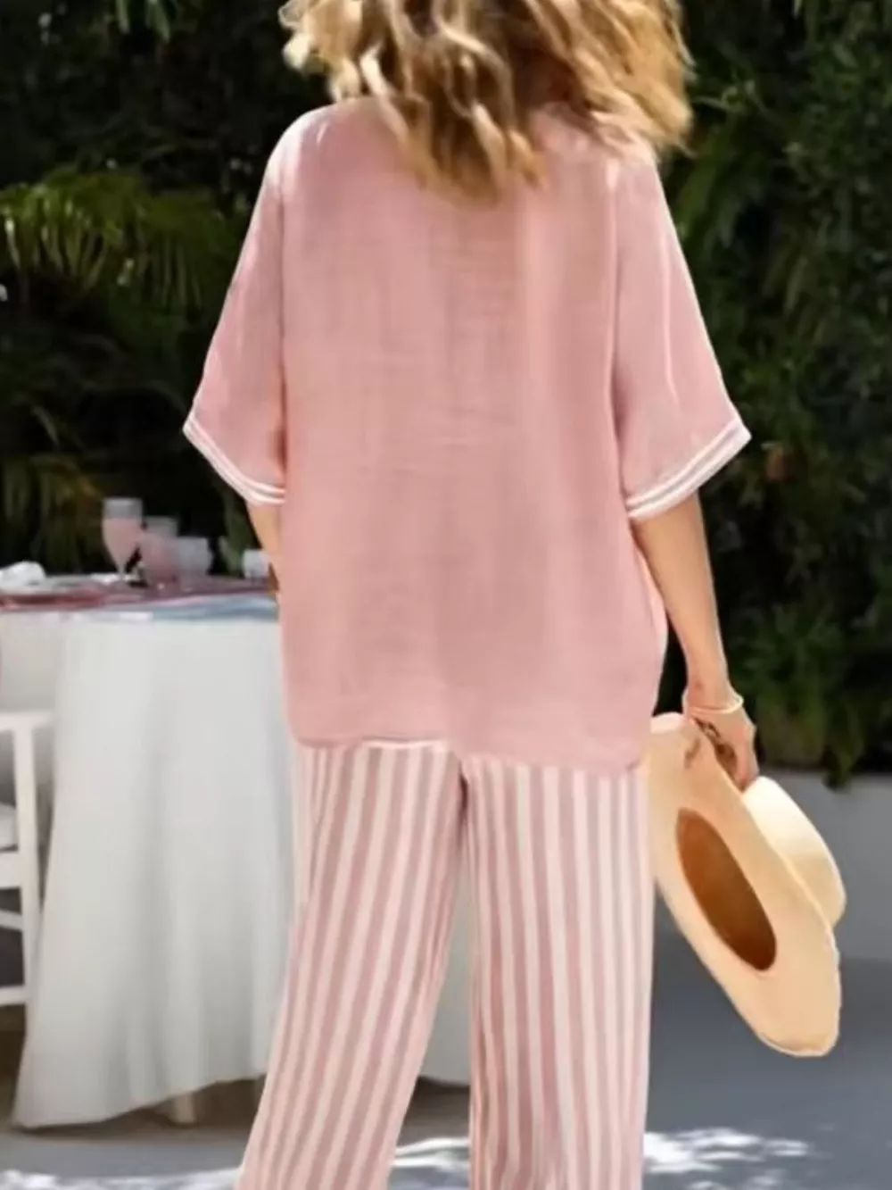 Full Size Striped V-Neck Top and Wide Leg Pants Set Plus Size, image 5