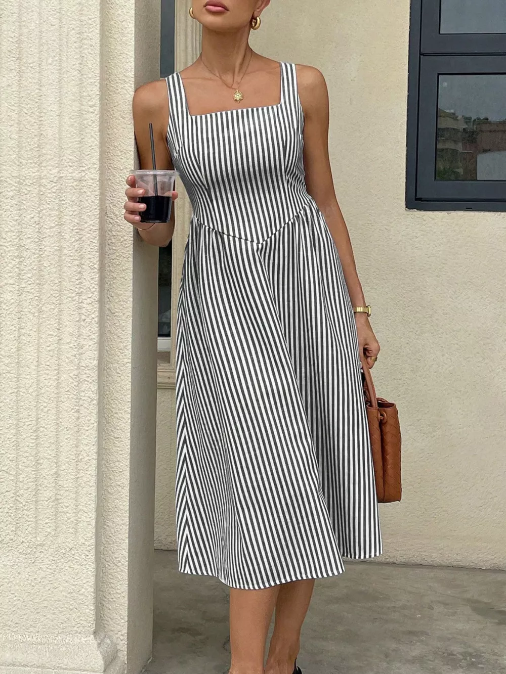 Striped Square Neck Midi Dress, image 20