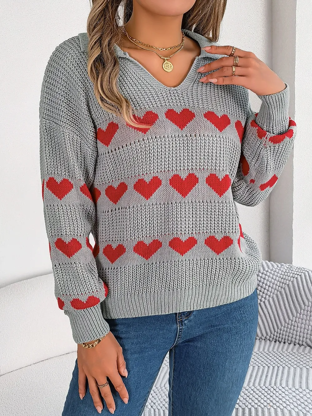 Heart Johnny Collar Long Sleeve Sweater, image 8