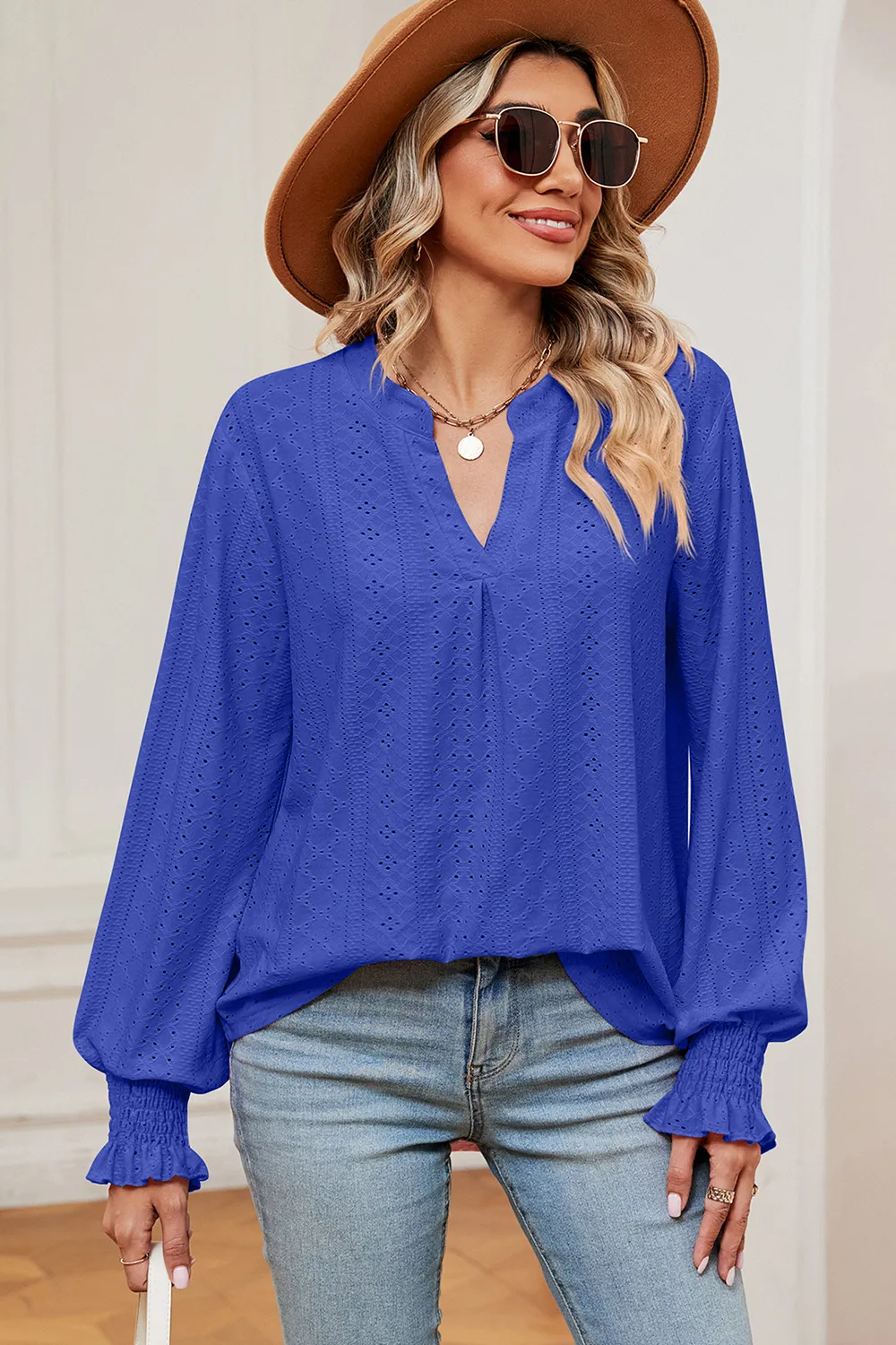 Eyelet Notched Long Sleeve T-Shirt, image 2