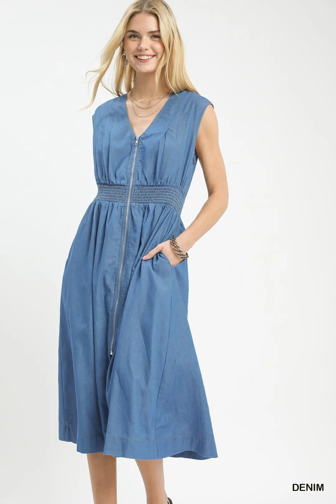 Denim Sleeveless Zip-Front Smocked Waist Midi Dress
