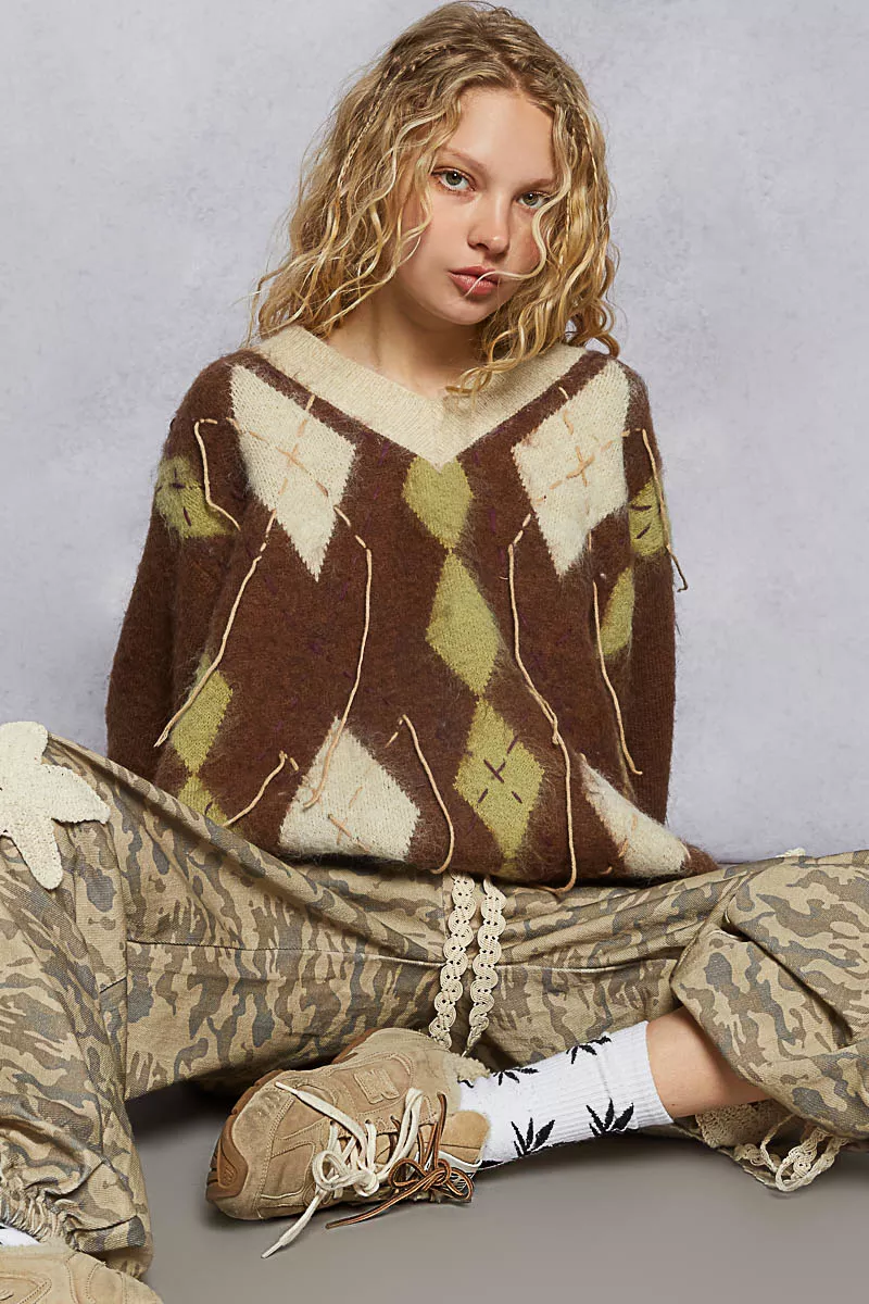 V-Neck Argyle Pattern Mohair Sweater with Contrast Exposed Stitch Detail, image 17