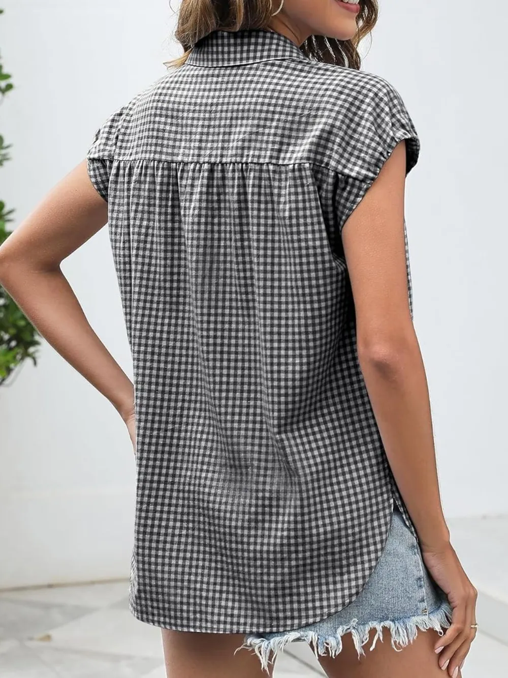 Plaid Button Up Cap Sleeve Shirt, image 13