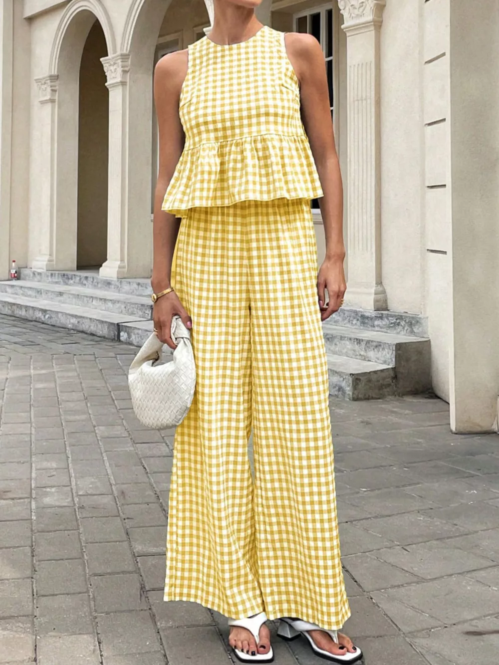 Gingham Sleeveless Top and Wide-Leg Pants Set, image 18