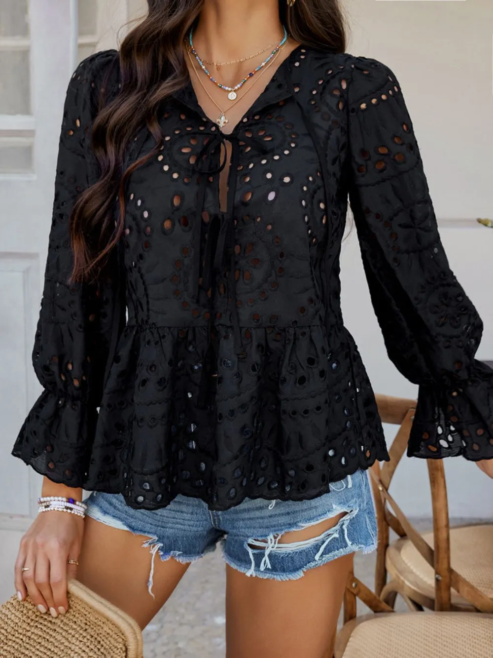 Tie Front Flounce Sleeve Peplum Blouse, image 10