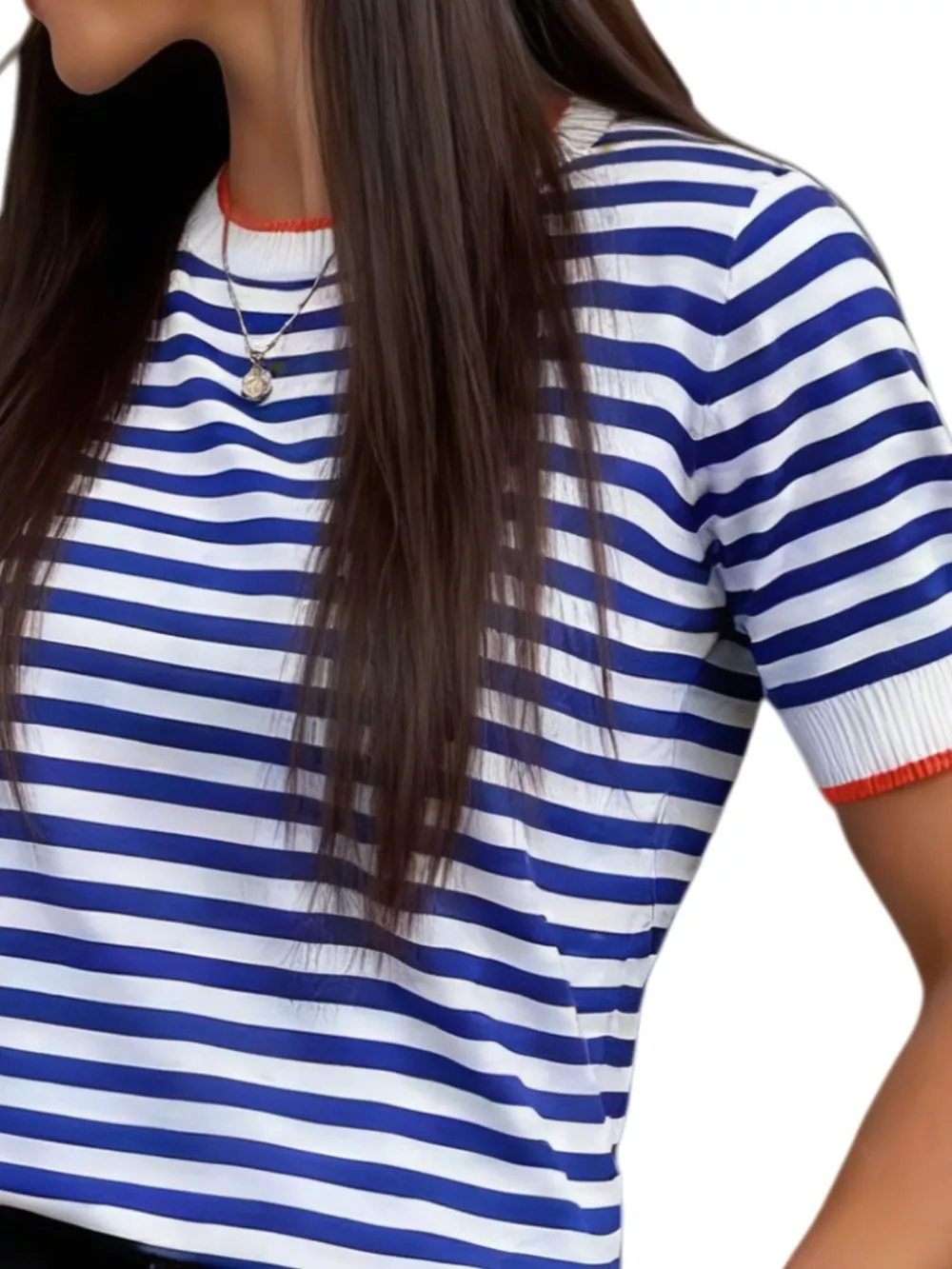 Contrast Trim Striped Short Sleeve Knit Top, image 3